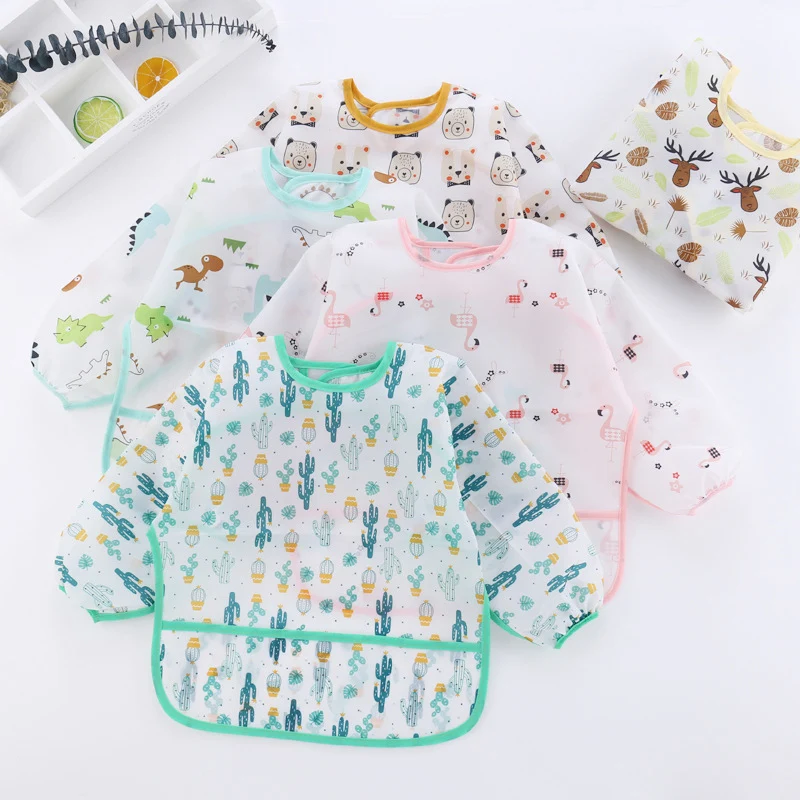 Baby Bib Sleeved Baby Bib Cartoon Print Toddler Bib Smock Waterproof Washable Stain and Odor Resistant