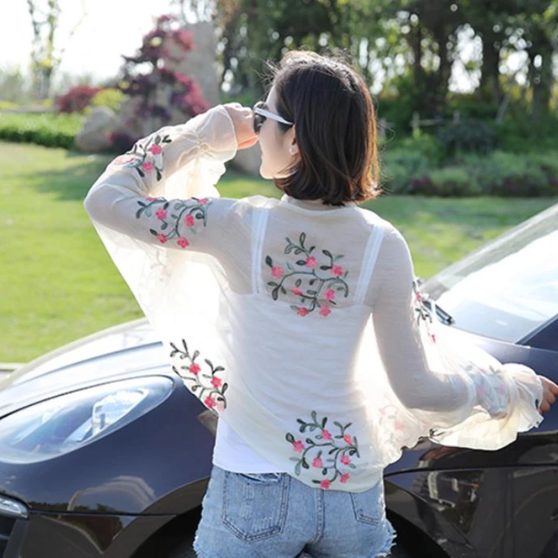 Women Long Casual Embroidered Floral Sun Protection Sleeves Beach Shawl Shirt Chiffon Driving Scarf Arm Warmers