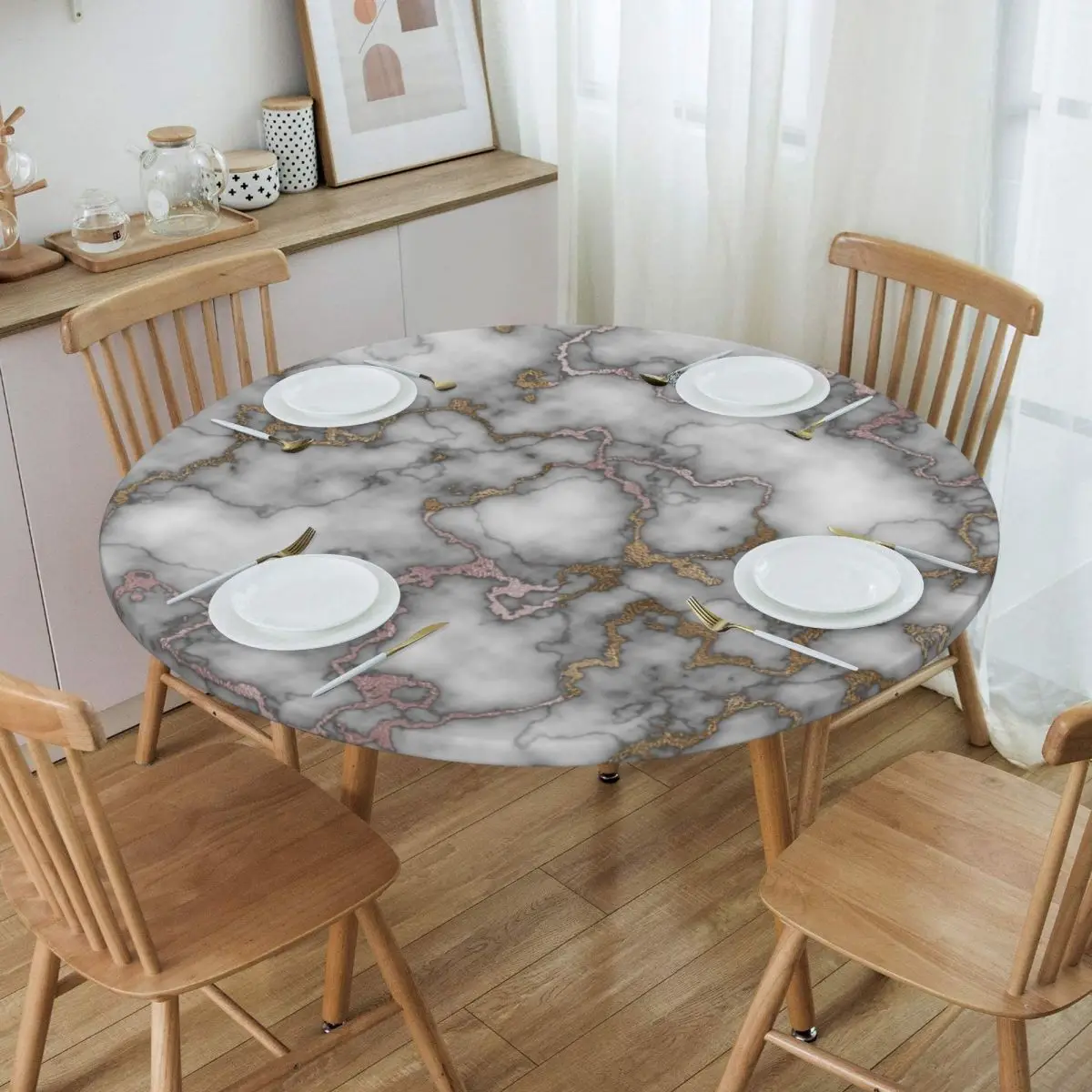 

Waterproof Marble With Gold And Rose Gold Texture Table Cover Elastic Texture Table Cloth Backed Edge Tablecloth for Picnic