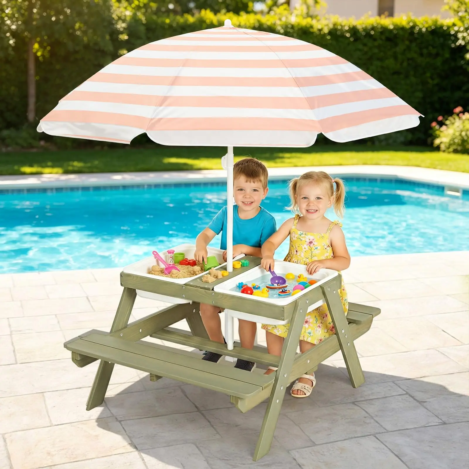 4 In 1 Kids Sand Water Table With Removable Weatherproof Umbrella Wooden Outdoor Picnic Table With 2 Covered Bins For Toddlers Sensory Table For Boys Girls