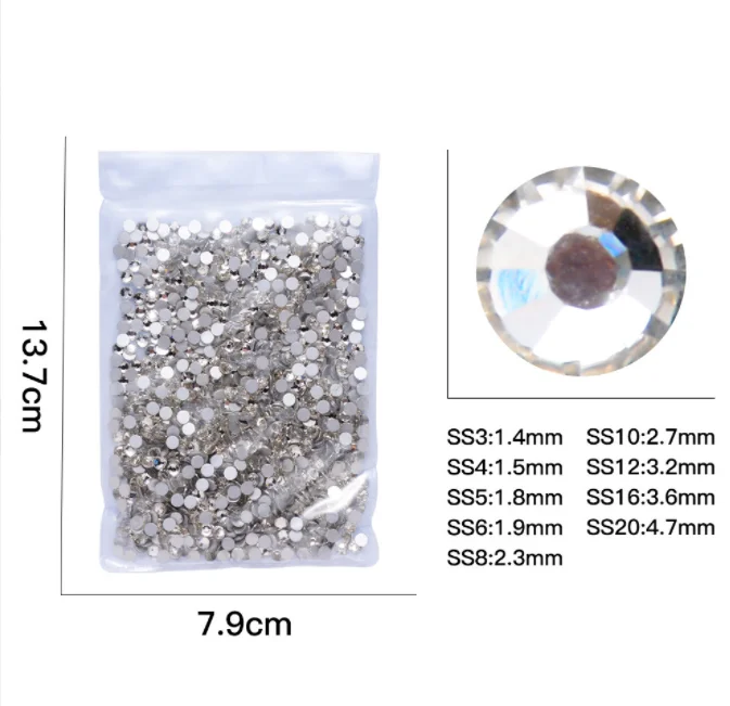 Description Picture 4 of itemCrystal AB Glass Nail Art Decorations ss3 ss4 ss5 ss6 ss8 ss10 ss16 ss20 ss30 ss34 ss50 Glass Non HotFix Nail Art Rhinestones