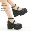 Spring Thick Soled High Heel Women Single Shoes Round Toe Ankle Strap Black Platform Shoes Shallow Mouth Fashion Mary Jane Shoes