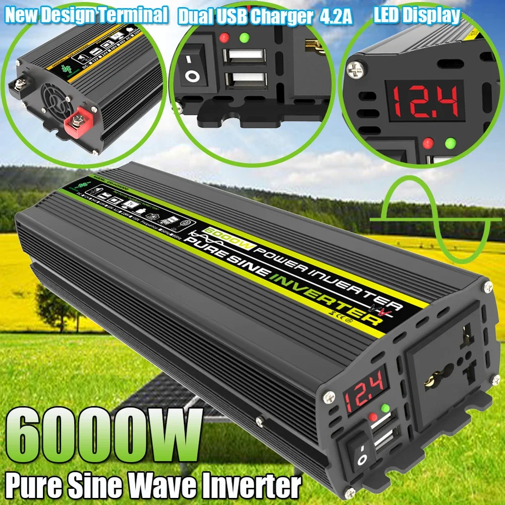 듀얼 USB LED 디스플레이 순수 사인파 지능형 전력 인버터, DC 12V-AC 220V, 3000, 4000, 6000, 8000W, 보조배터리 자동차 변환
