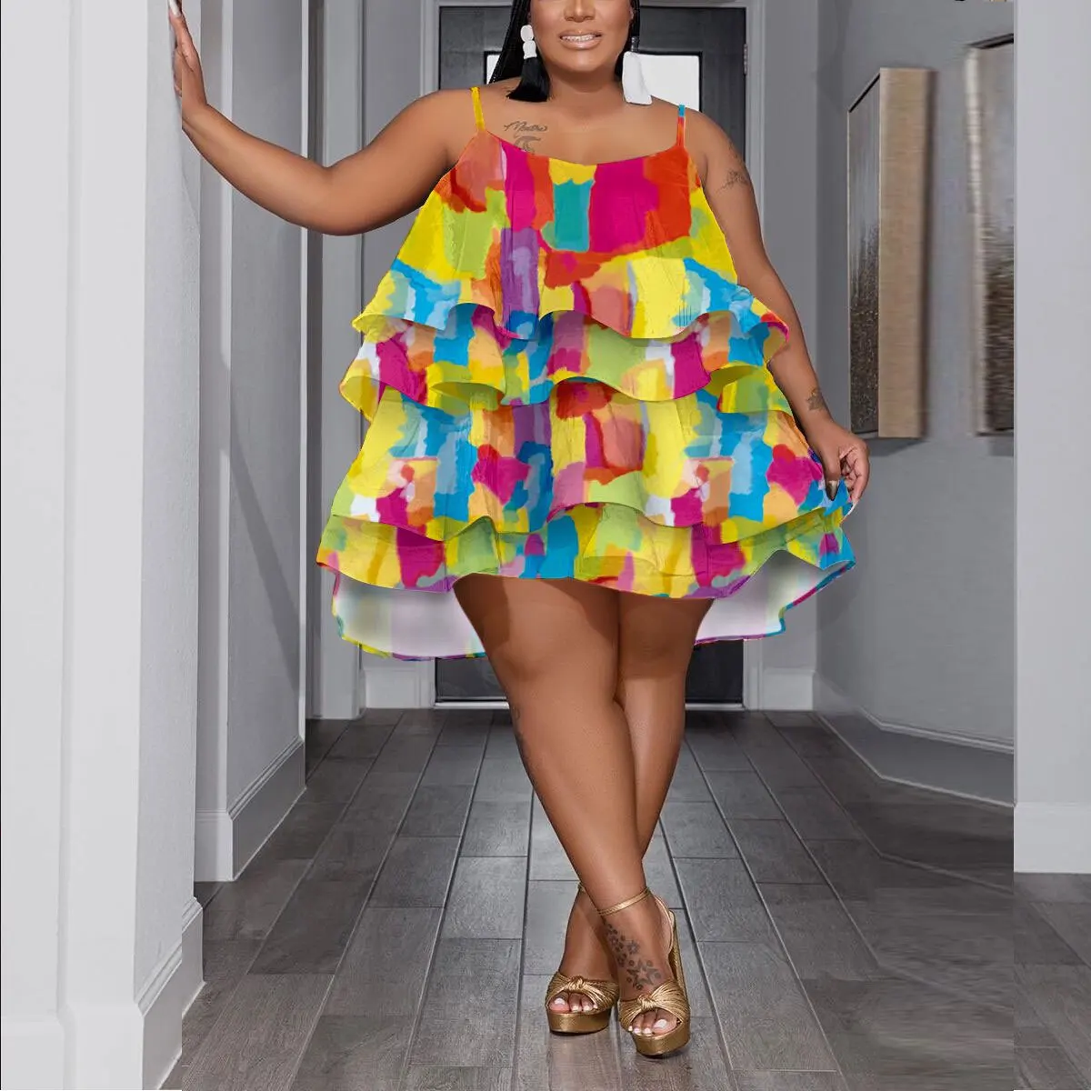 2023 Spring Women Ruffle Loose Dress Patchwork Design Fashion Elegant Outfit Casual Luxury Gown Plus Size Evening Party Dress