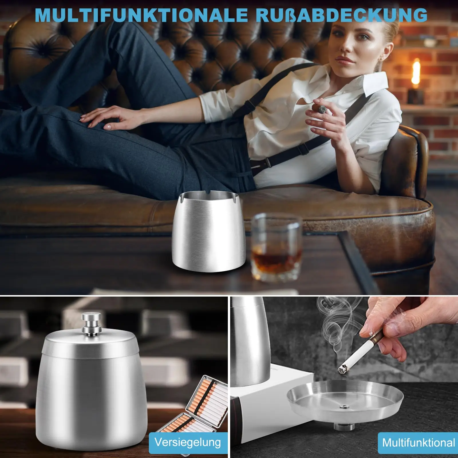 1PCS Stainless Steel Ashtray Lid Cigarettes Windproof Outdoor Cigar Ashtray Desktop Smoking Ash Holder Accessories