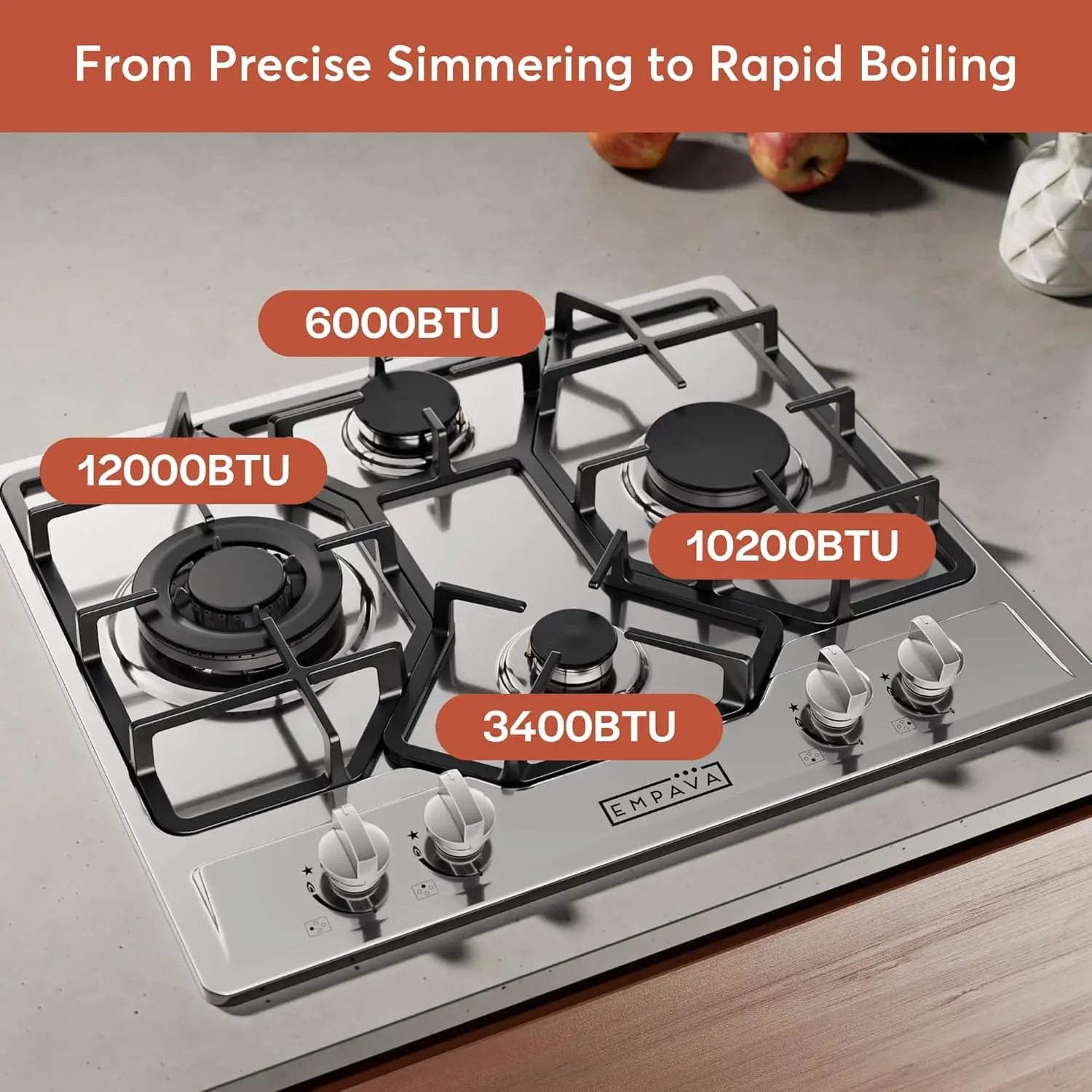 24" Gas Stove Cooktop 4 Italy Sabaf Sealed Burners NG/LPG Convertible Stainless Steel Cooker, 24 Inch