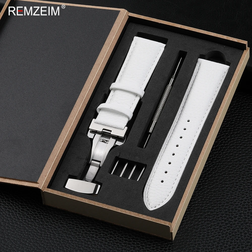 Elegant Litchi Leather Wrist Band with Butterfly Buckle & Gift Box Packaging