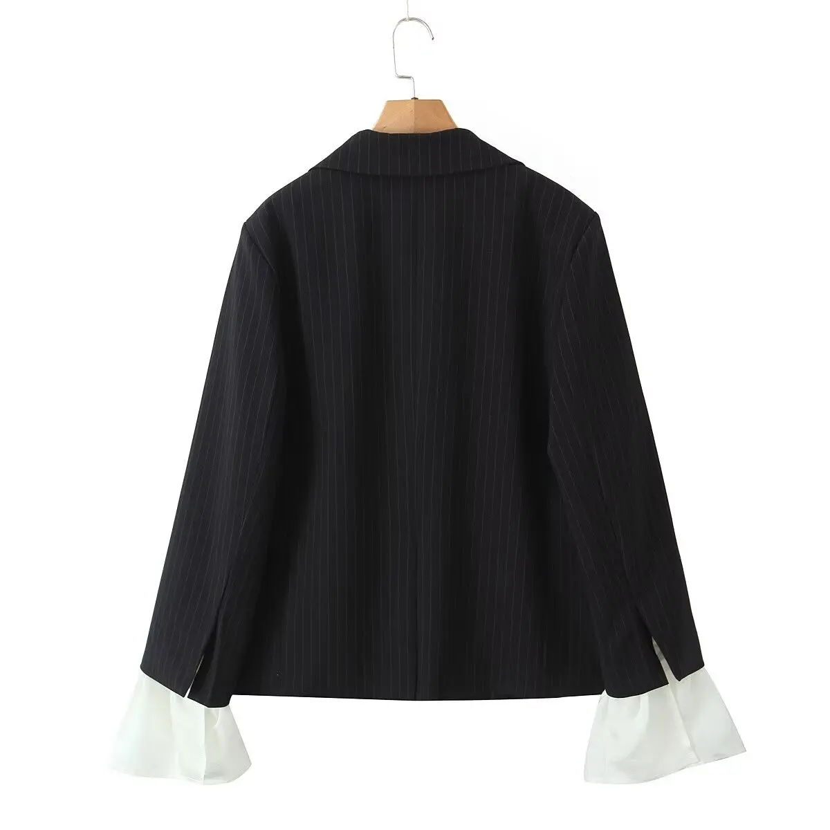 Chill Gray Striped Removable Flare Cuff Blazer Boyfriend Vintage Women Notched Collar Loose Suit Fashion Coat Black