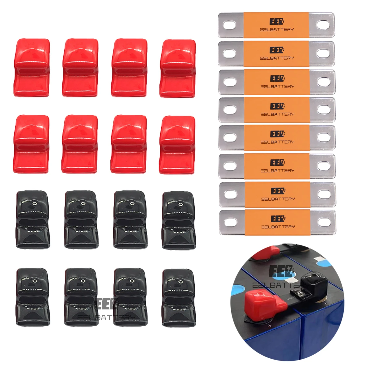 

EEL 16 Pcs Lifepo4 Battery Accessories Insulation Cover Terminal Bus Bar Nut Red&Black PVC Copper Busbar Connector for 280/310Ah