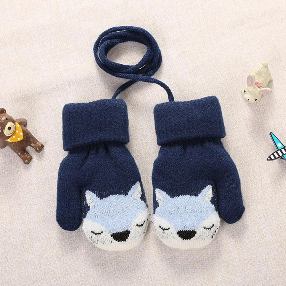 Children Gloves Winter Cartoon Fox Thicken Plus Velvet Halter Gloves For Kids Toddler Outdoor Keep Warm Knitted Mittens