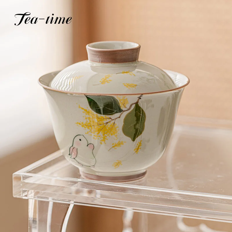 150ml Plant Ash Gaiwan Hand-painted Cute Rabbit Ceramic Ercai Tea Tureen Teacup Tea Bowl Anti-scald High-end Kung Fu Set