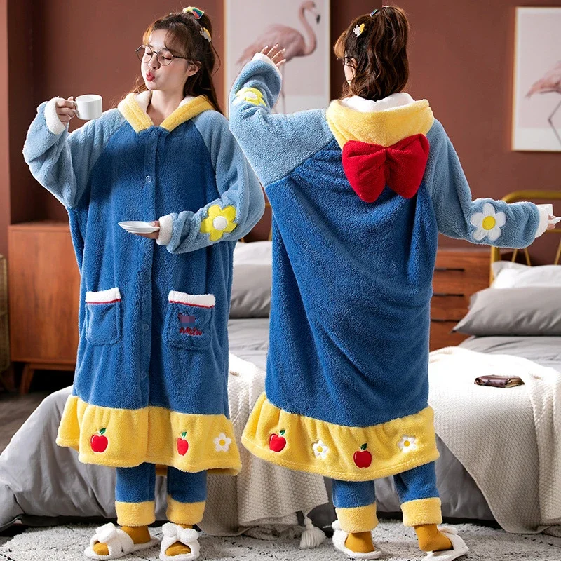 Disney Snow White Princess Kigurumi Pajama Set Winter Lady Cosplaly Nightgown Home Suit Hooded Cartoon Nightdress Pijama