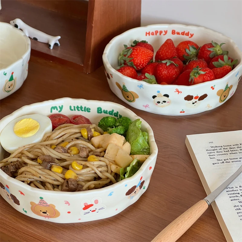 Cute Handheld Ceramic Pasta Breakfast Plates Korean Style Restaurant High Quality Tableware Cartoon Pattern Bread Salad Plates
