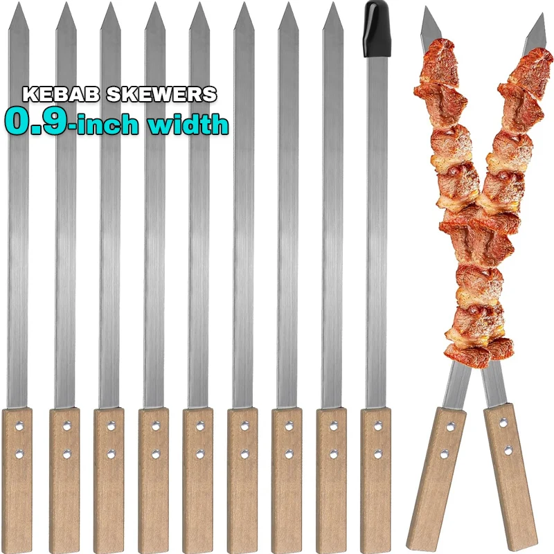Kabab Koobideh Skewers 2.3cm Wide Flat Stainless Steel Grilling BBQ Skewer Reusable Barbecue Skewers Flat Stick with Wood Handle barbecue skewers bbq grilling accessories