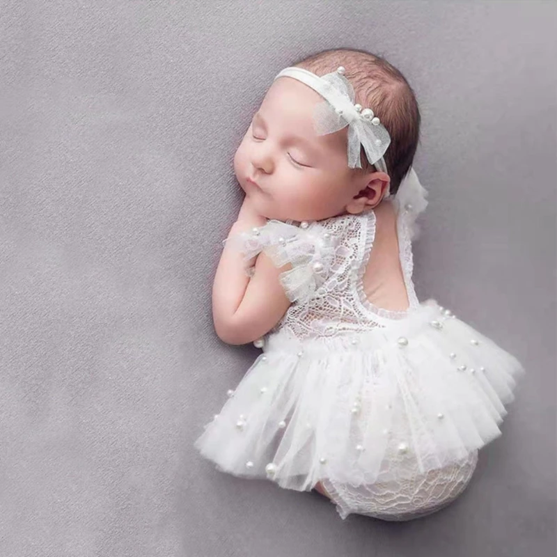 

3 Pcs Baby Lace Romper Headband Short Skirt Set Newborn Photography Props Outfits Infants Photo Shooting Bodysuit