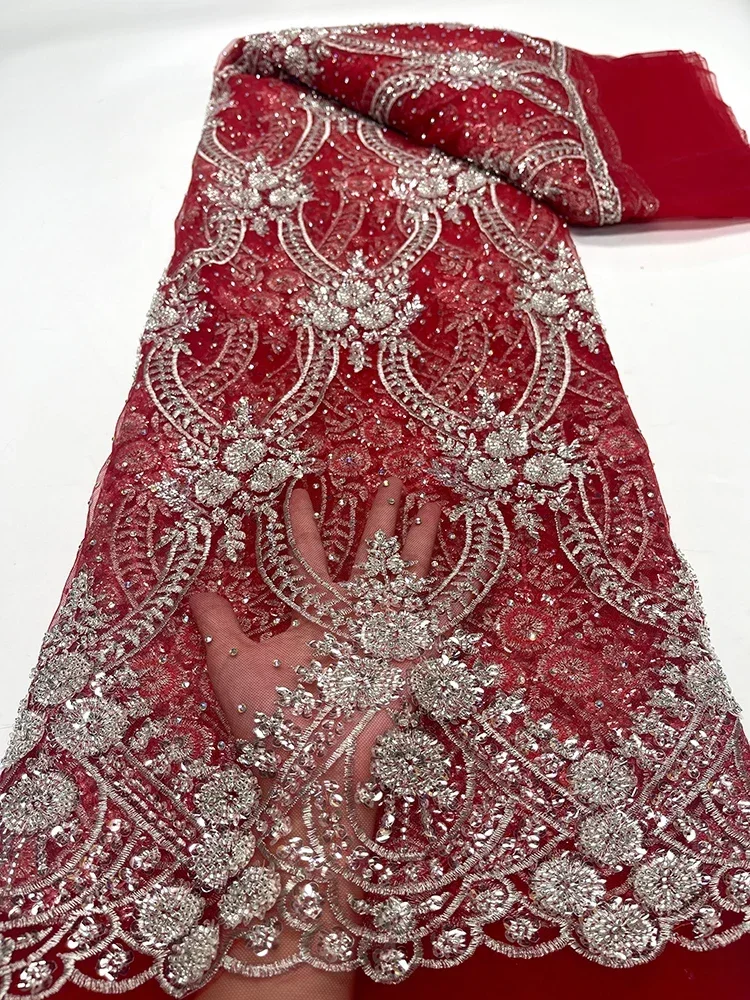 

2023 Sexy Red High Quality African Lace Fabric Sequins Mesh Luxury Heavy bead Embroidered Tulle for Sewing Dresses J7194