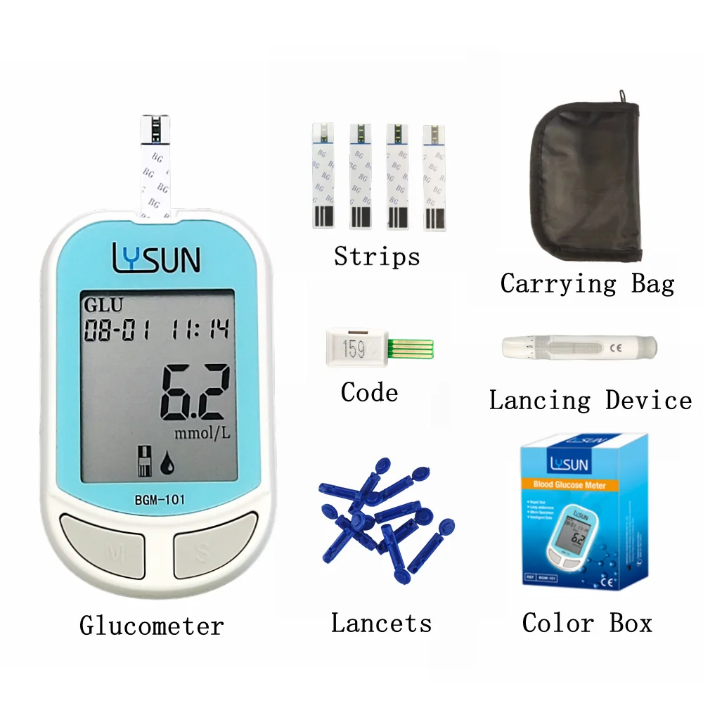 Blood Glucose Monitor Lysun Blood Glucose Meter Test Strips with Lancets Blood Sugar Diabetes Tester Household Tiny Speciman BGM-101