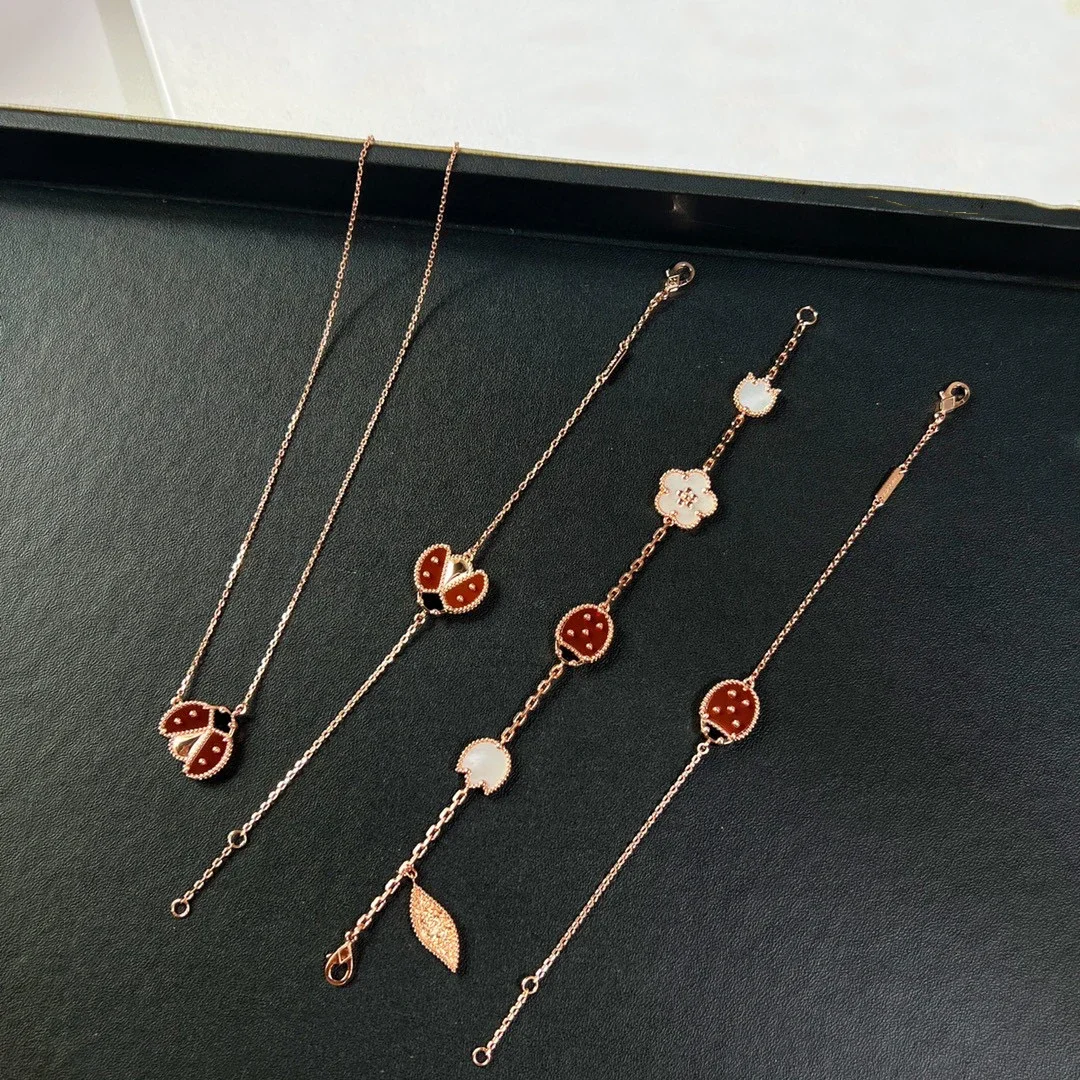 

New Brand Pure 925 Sterling Silver Jewelry Women Mother of Pearl Ladybug Wedding Jewelry Set Earrings Necklace Bracelet Luxury