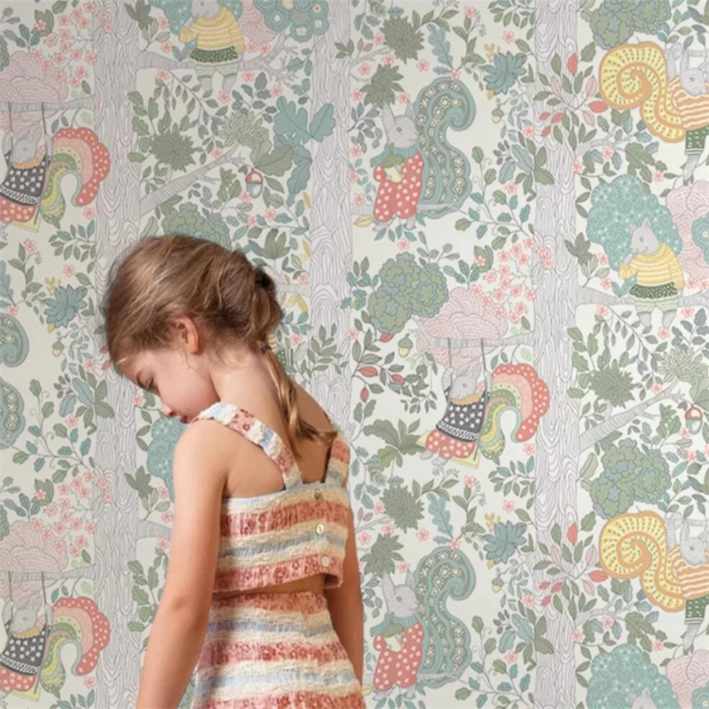 Papel de Parede Bonito Personalizado Esquilo dos Desenhos Animados Floresta Americana Quarto Infantil Fundo de Cabeceira Papel de Parede Jardim de Infância Mural