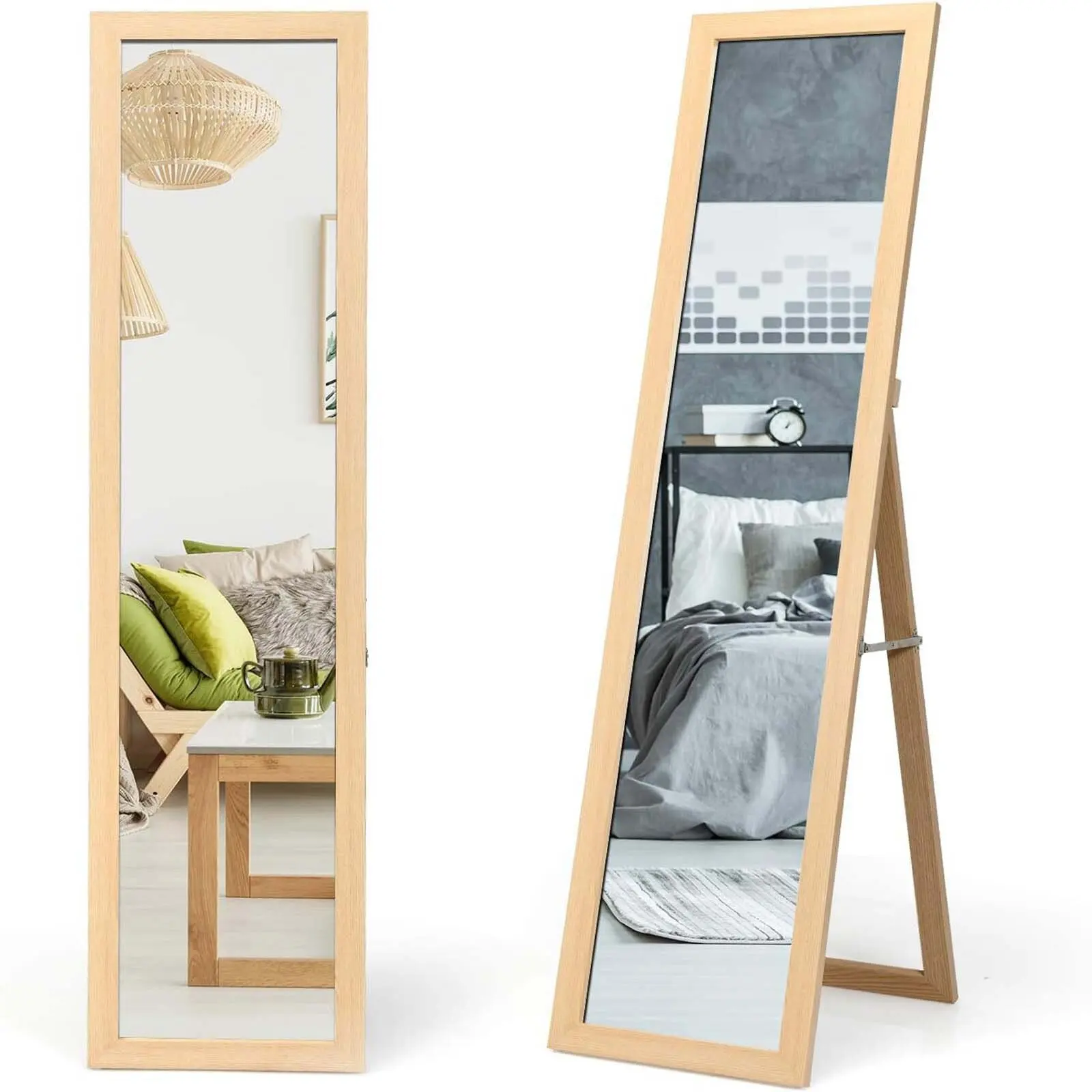 2-in-1 Full Length Mirror, Standing Mirror and Wall Mirror with Wooden Frame, Dressing Mirror 37 x 155 cm, Wardrobe Mirror