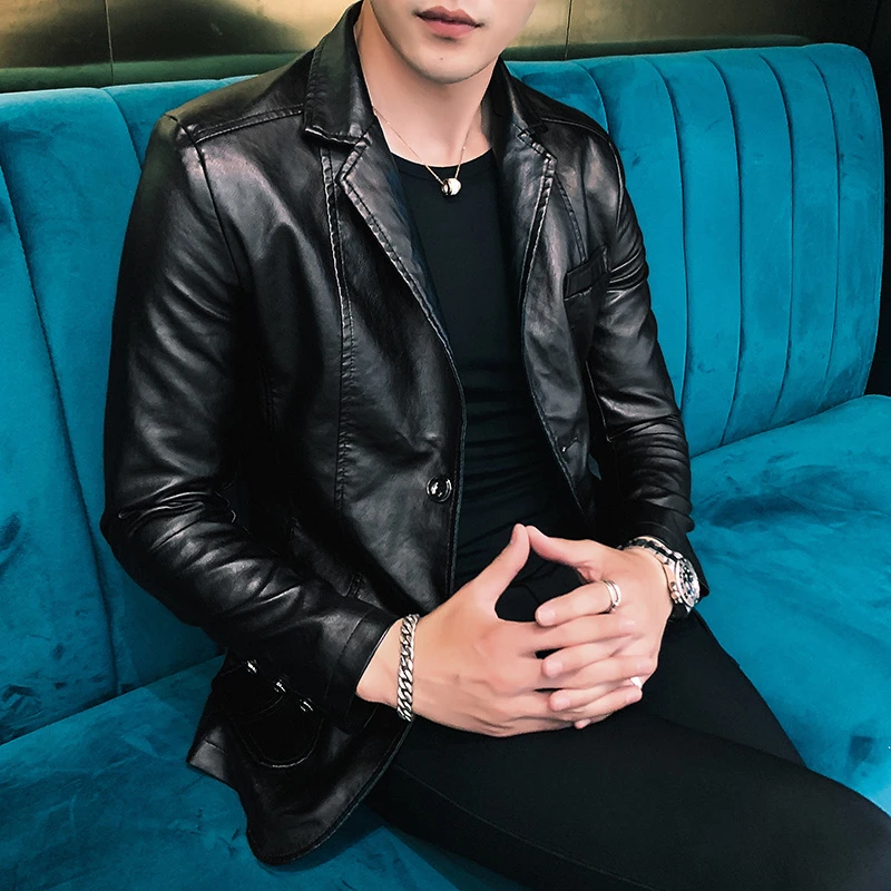 Abrigo de traje de vestir para hombre, chaquetas de cuero de para chaquetas de cuero de Pu para hombre, nuevo estilo coreano, chaquetas de cuero delgadas de delgada| -