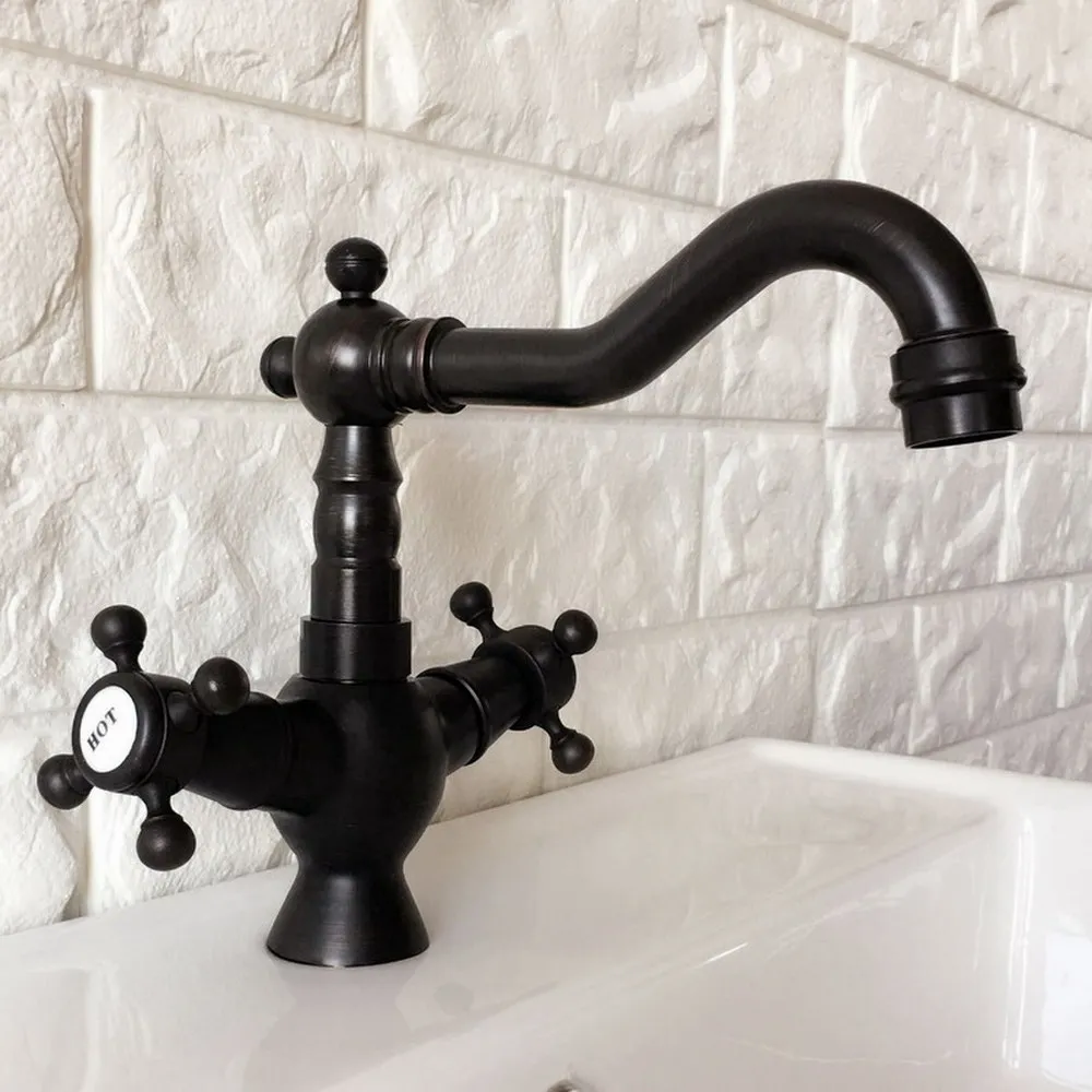 

Bathroom Sink Basin Faucet / Single Hole Swivel Spout Deck Mounted Black Oil Rubbed Bronze Dual Handles Mixer Taps tnf362