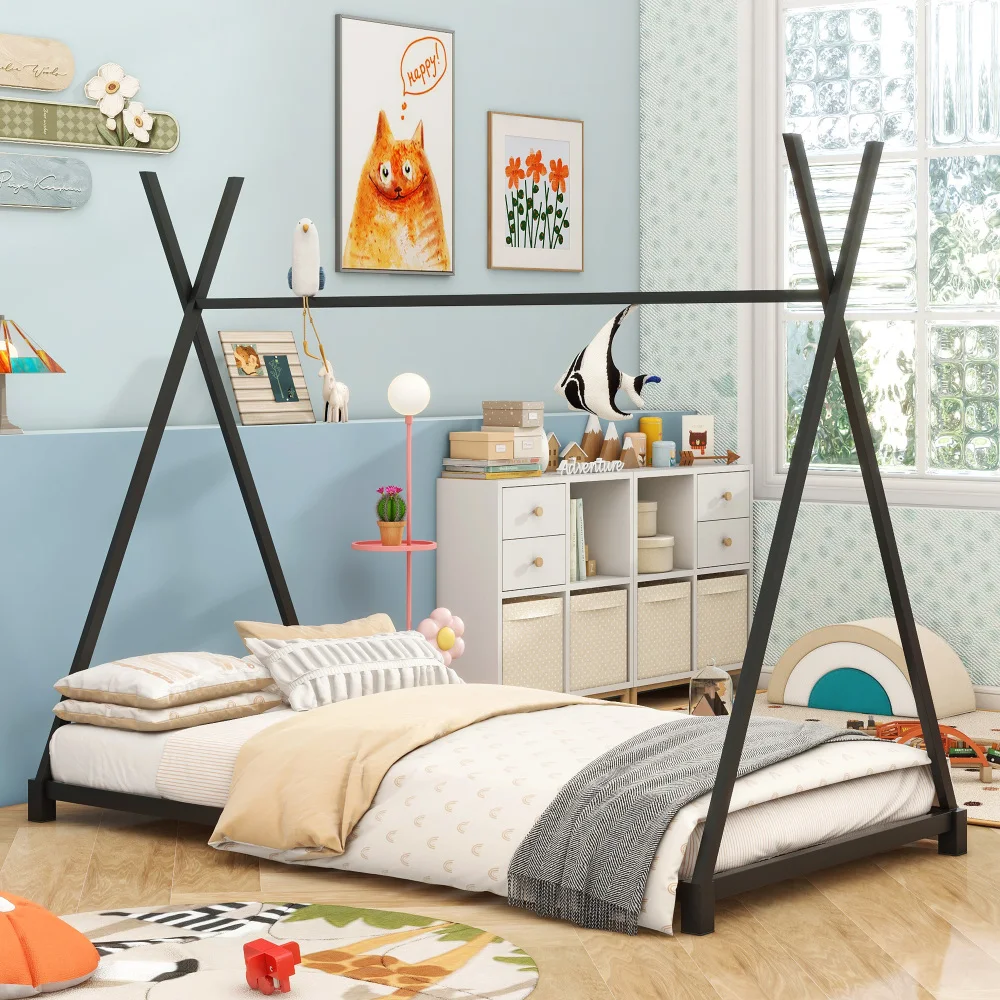Children Beds Metal Twin Size House Platform Bed with Triangle Structure,Black White Pink  Wooden Beds Bed for Girls Kid Beds US 2