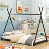 Children Beds Metal Twin Size House Platform Bed with Triangle Structure,Black White Pink  Wooden Beds Bed for Girls Kid Beds US 2