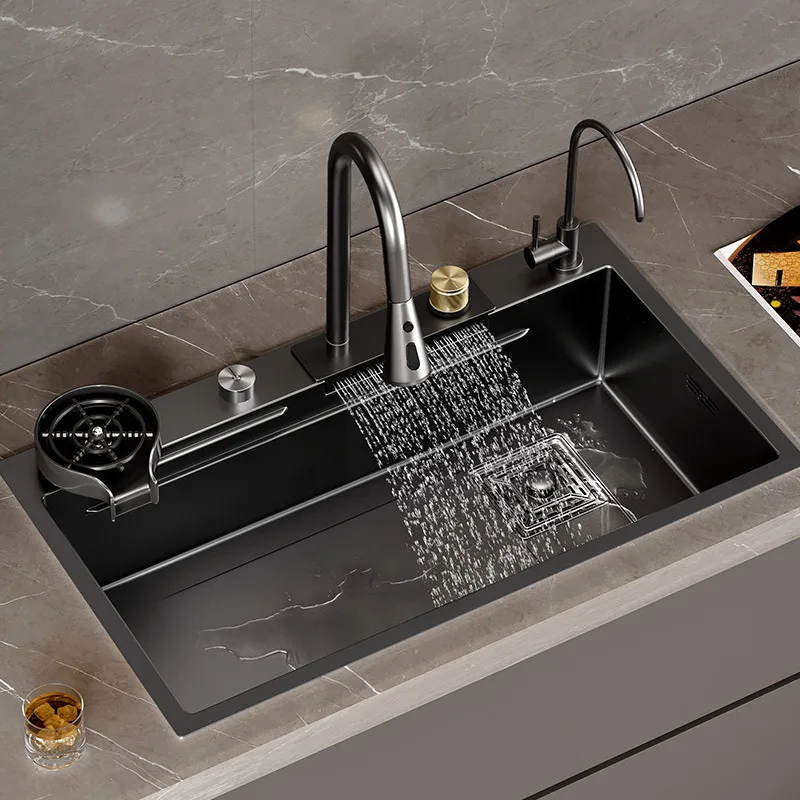 Waterfall Sink Kitchen Stainless Steel Topmount Sink Large Single Slot Wash Basin With Multifunction Black Waterfall Faucet