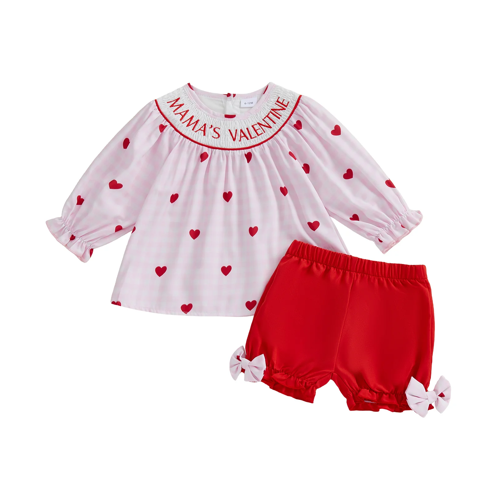 Valentine s Day Baby Girls 2 Piece Outfits Heart Print Long Sleeve Crew Neck Tops and Elastic Waist Shorts Set with Bow Detail