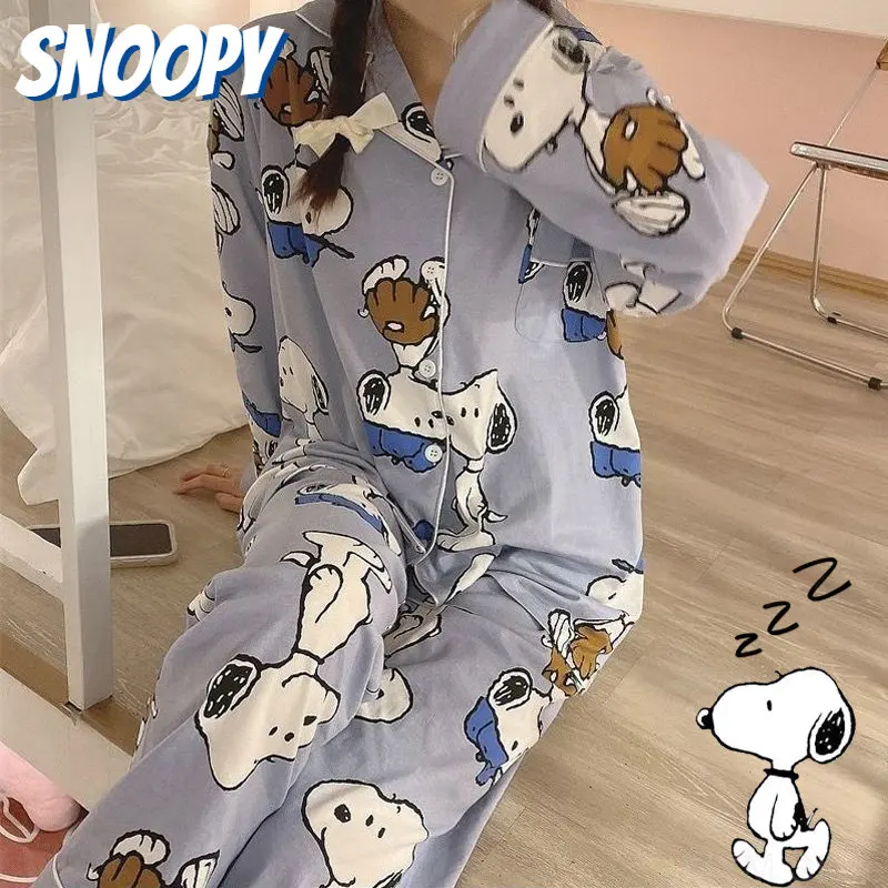 2pc Snoopy Cartoon Long-sleeved Pants Ladies Pajamas Set Comfortable Top T  Shirt Sleepwear Cute Women's Home Nightwear Clothing