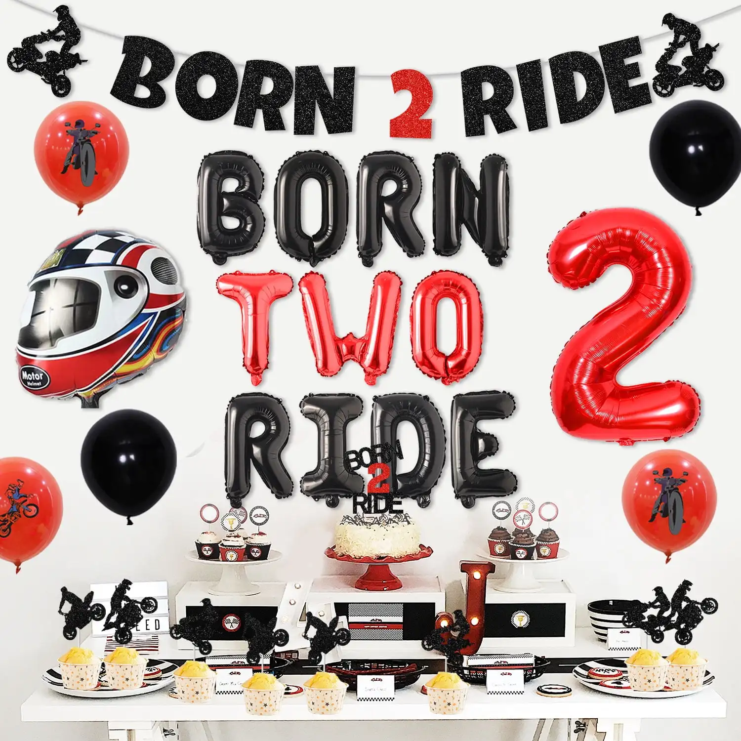 

Funmemoir Born Two Ride Motorcycle 2nd Birthday Party Decoration Born Two Ride Banner Helmet Foil Balloon Cake Toppers for Boy