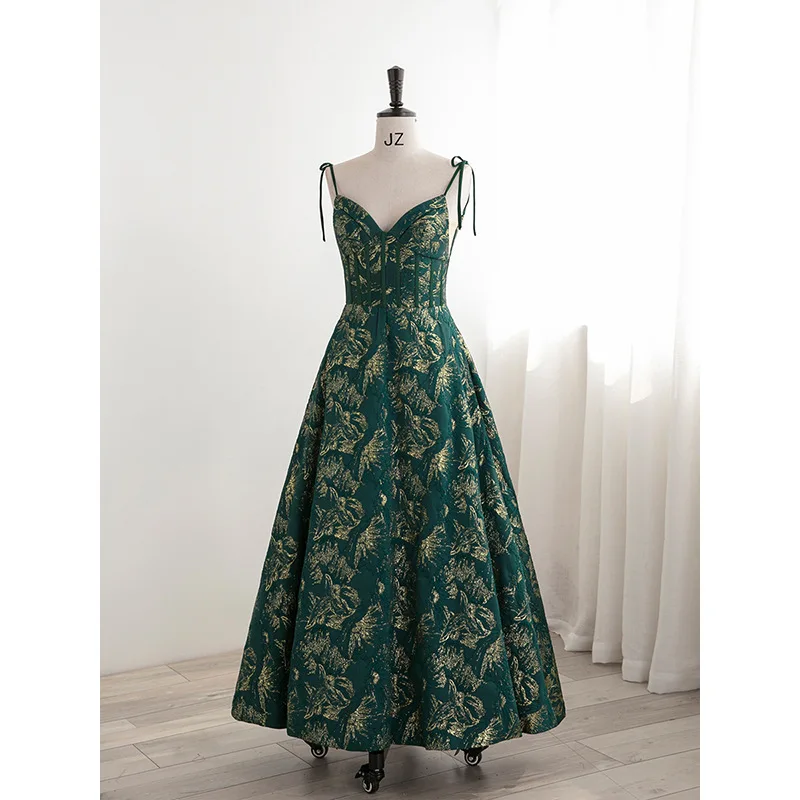 

Elegant Vintage Long A-line Evening Dresses 2022 Women Dark Green Print Spaghetti Strap Prom Dresses