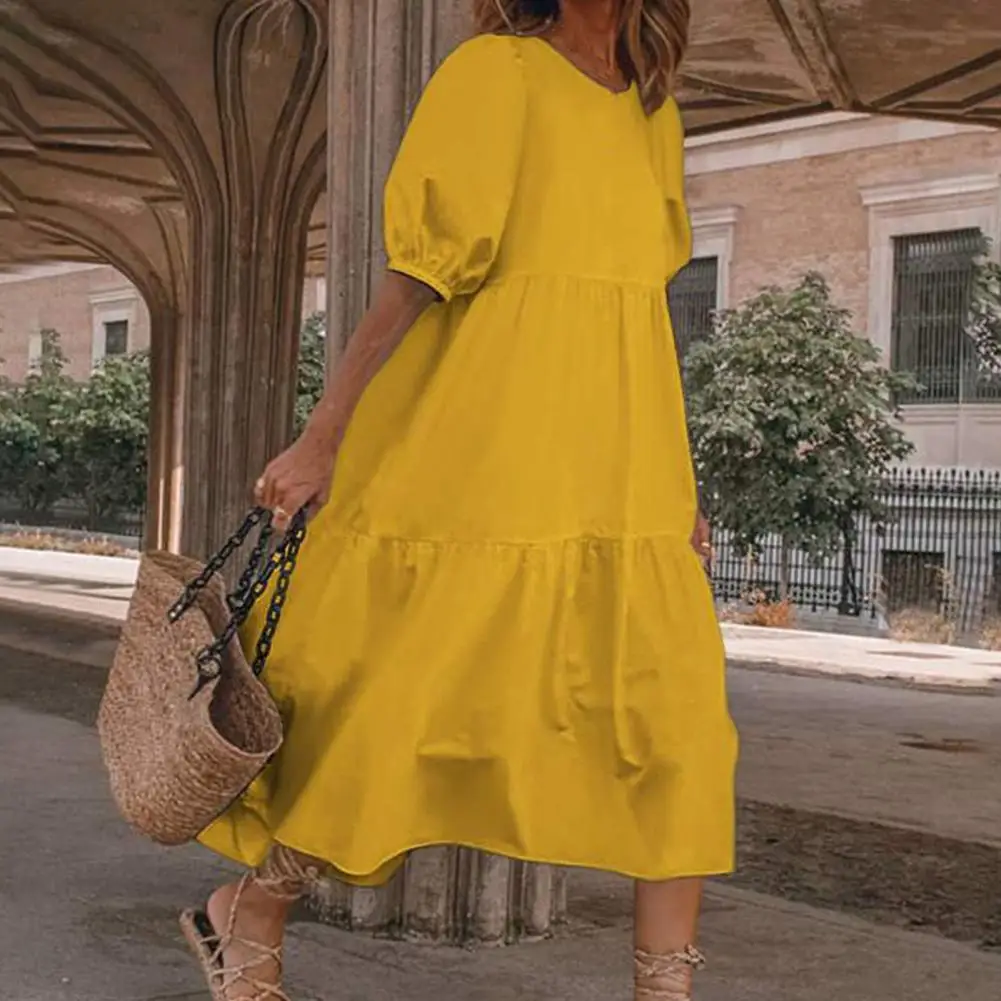 

Women Long Dress Bright Color Polyester Summer Dress Elegant Short Sleeve Beach Dress For Dating