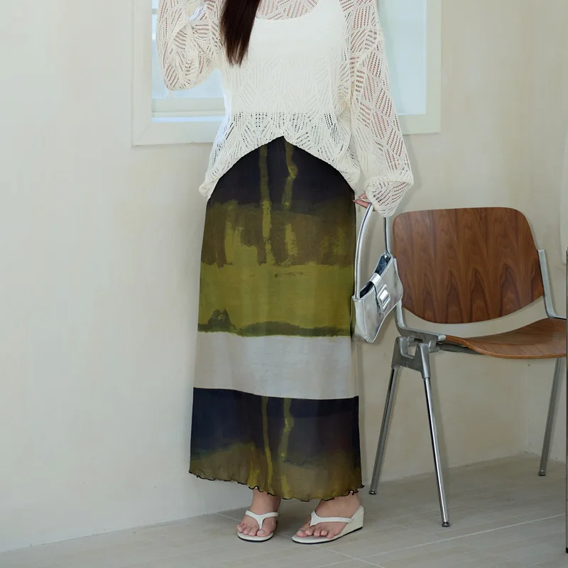 Plus Size Women's Painting Art Mesh A-Line Skirt Casual Premium High Waist Green Long Skirt Summer 2025