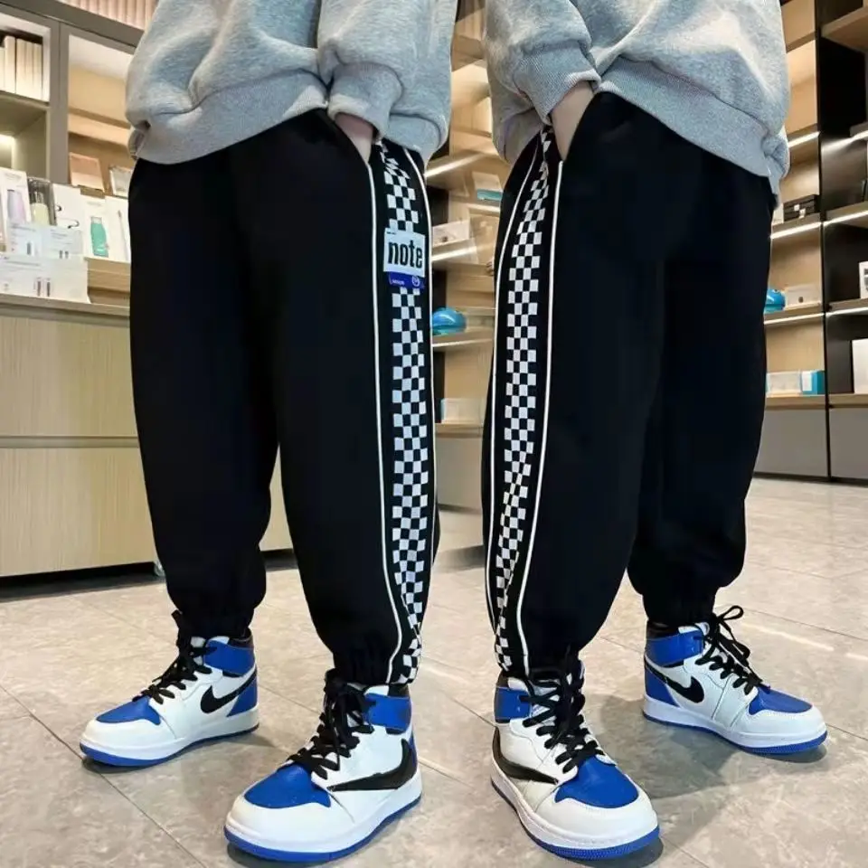 

2023 Spring Autumn Young Boys' Sweatpants Causal Cuffed Loose Elastic Waist Side Letter Plaid Sport Korean Fashionable 5-12 Yrs