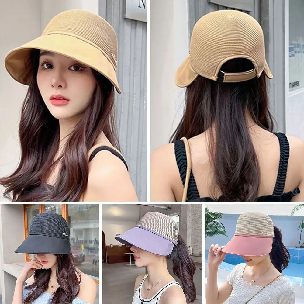 Summer Women Bucket Hat UV Protection Sun Hats Soft Foldable Wide Brim Outdoor Beach Hat Panama Cap Ponytail Cap 5