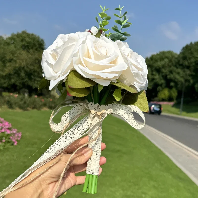 1pc Champagne Rose Wedding Bouquet LOVE Wooden Board Vintage Fall Wedding Bouquets for Ceremony and Anniversary