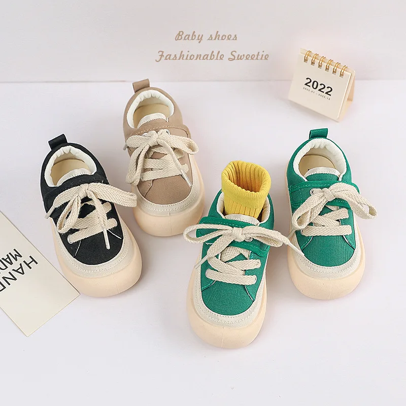 Children Canvas Shoes Soft Sole Toe Protection Non-slip Sneakers Size 22-31 Spring& Autumn Girls Solid Low Top Casual Shoes