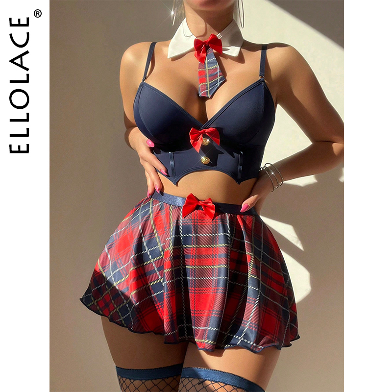 Ellolace Student Cosplay Sexy Set Lingerie Full Set Plaid Skirt Female Underwear 6-Piece Youth Lingerie Accessories Sexy Girl