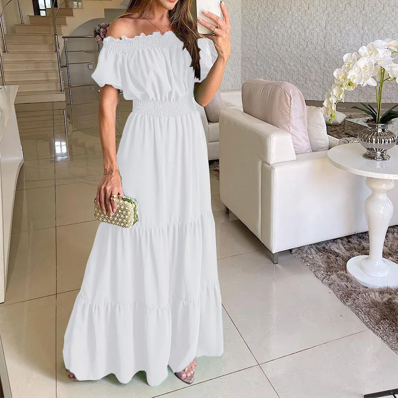 

Women's 2024 Summer One-line Neckline Short-sleeved Solid Color Long Dress