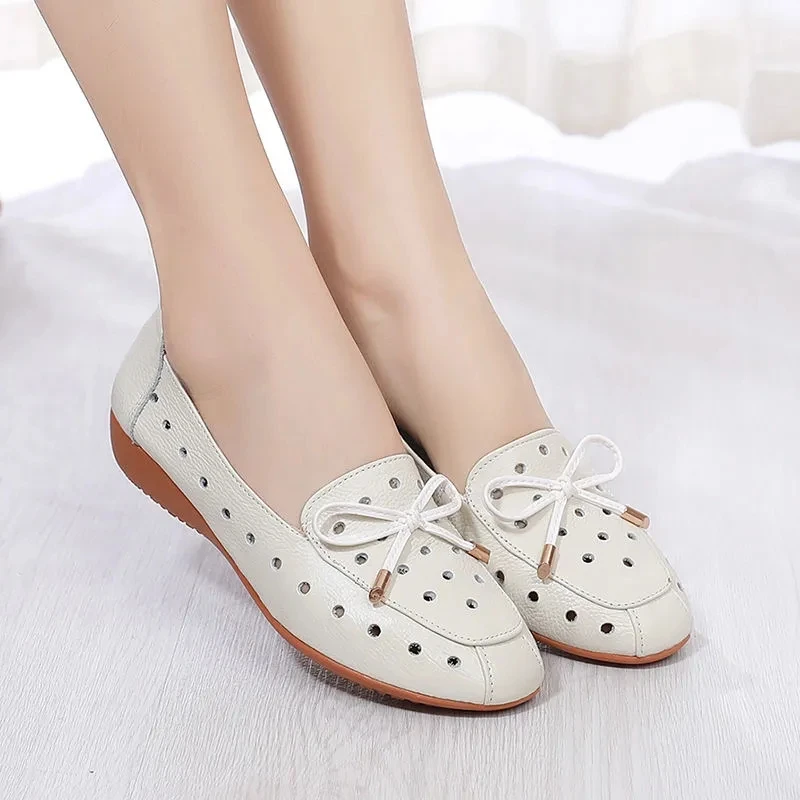 2022 Summer Mom Cowhide Leather Moccasins Woman Slip On Wedges Shoes Designer Breathable Hollow Out Bowtie Ballet Flats 