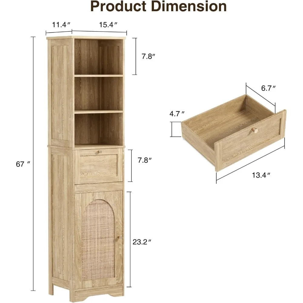 67" Natural Bathroom Storage Cabinet with Rattan Doors 2