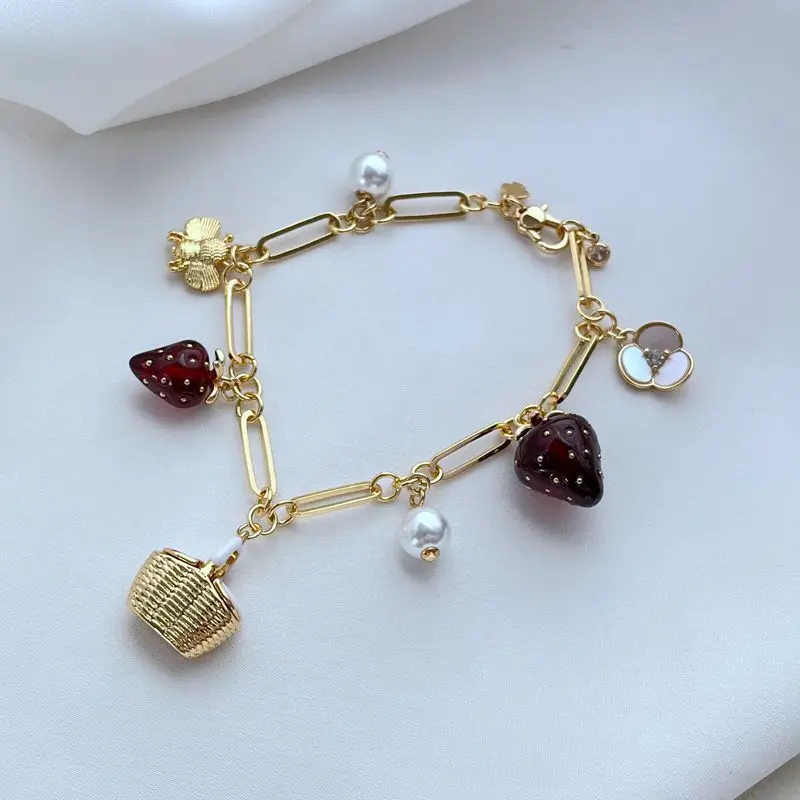 

Уникальный милый металлический женский браслет в лесном стиле с цветами, клубникой, жемчугом, Пчелой в сельском стиле