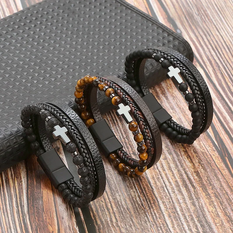 

New Braided Multi-layer Leather Bracelet for Men Classic Cross Stone Beaded Wrap Bracelet Bangle Trendy Cool Punk Jewelry Gift