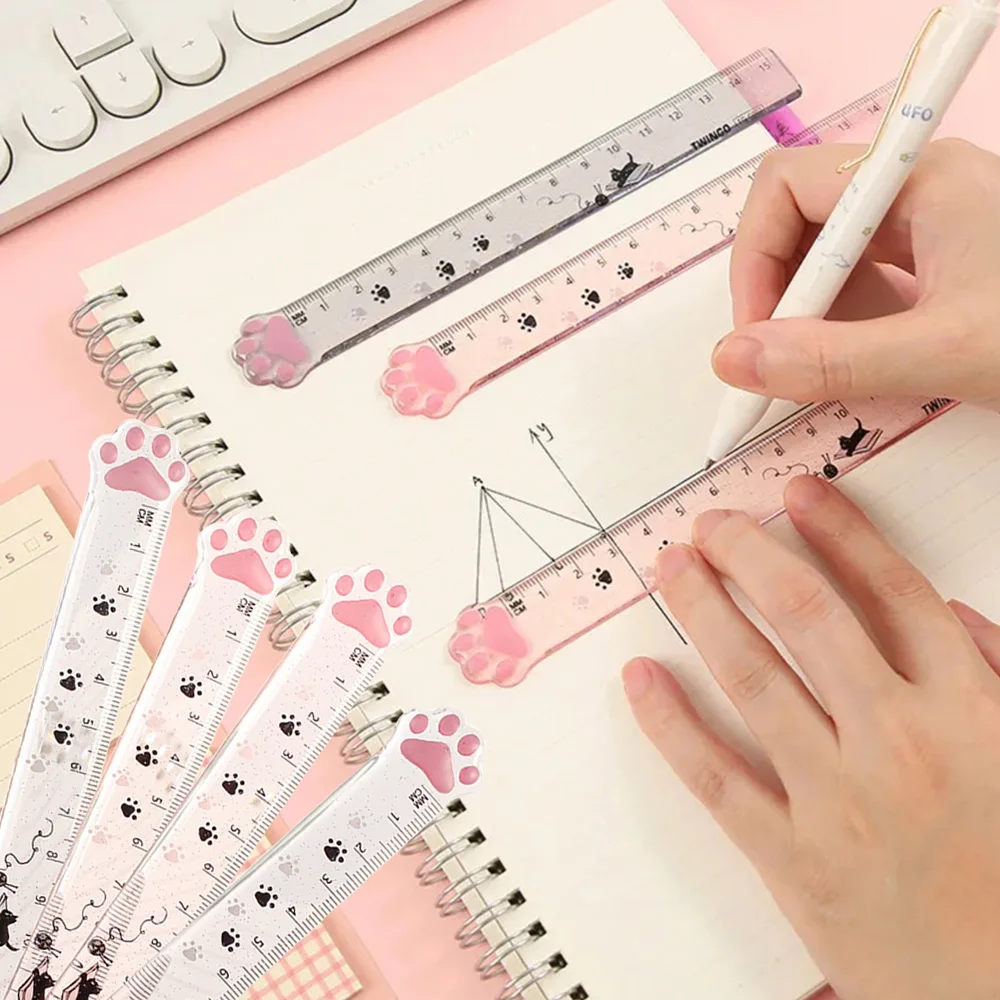 1Pcs Kawaii Cat Paw Straight Ruler Cute Transparent Rulers Student Stationery Measuring Drawing Tools Office School Supplies