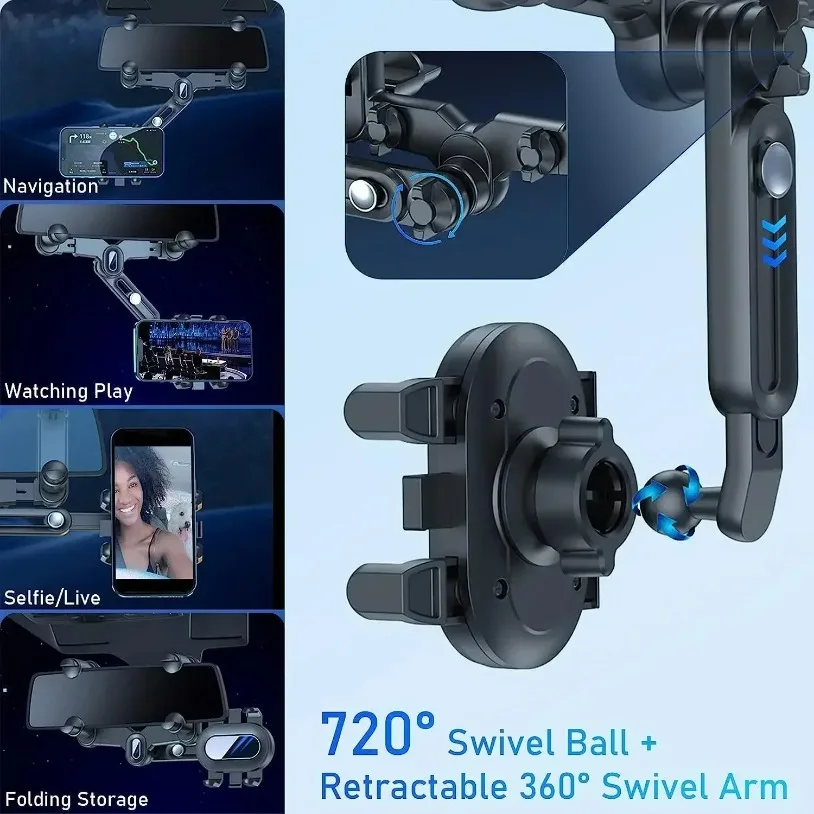 360° Adjustable Car Rearview Mirror Mobile Phone Holder For Car Rotation Telescopic Multifunctional Phone Car Bracket Stands