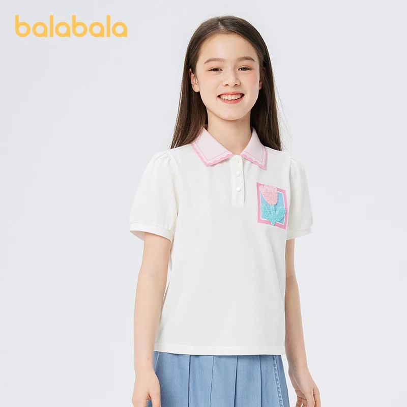 

Balabala Children Top Girls Short-Sleeve T-shirt 2024 Summer New Mid to Big Kids Polo Shirt with Texture