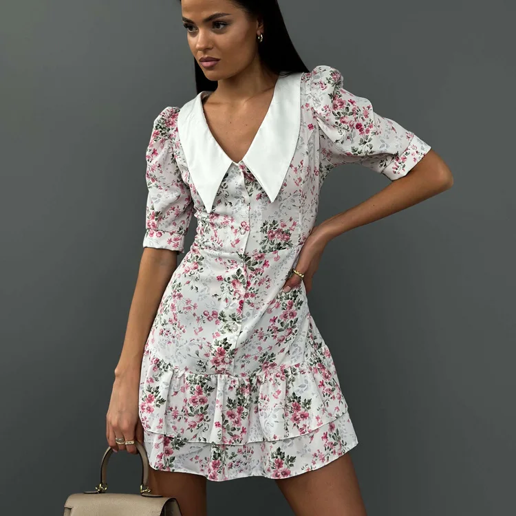 Printed Ruffled V-Neck Mini Dress Female Short Sleeve Fashion Slim High Waist Elegant Party Dress Women's Summer Dress New