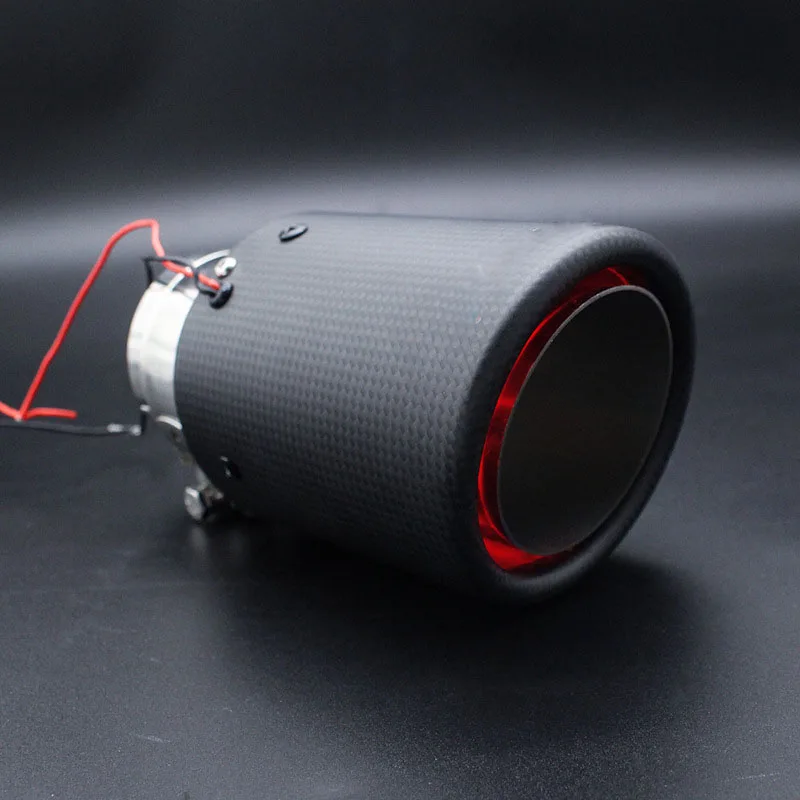 범용 탄소 섬유 모양 자동차 배기 머플러 파이프 팁, 적색 LED 조명 포함, 35-61mm 입구